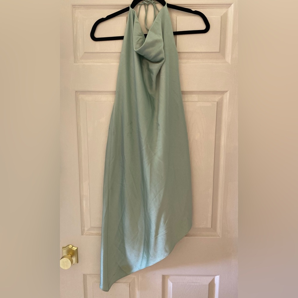 Alice + Olivia Harmony Asymmetric Satin Cowl Halter Dress Sage Green Women’s 14 - Picture 4 of 10
